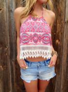 SheIn Red Spaghetti Strap Tribal Lace Vest