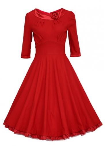 Rosewe Zip Closure Red Three Quarter Sleeve Dress