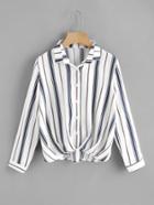 Shein Pleated Gathered Front Dip Hem Striped Shirt