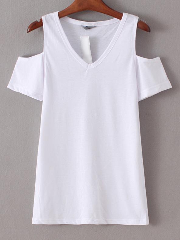 Shein White V Neck Cold Shoulder Slim T-shirt