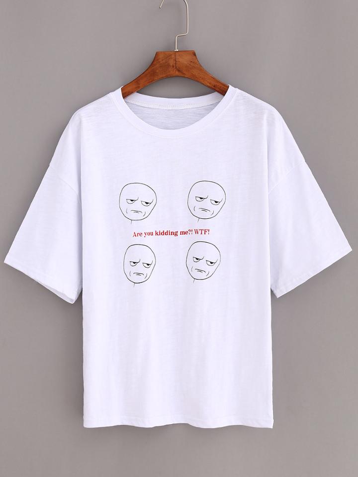 Shein White Dropped Shoulder Seam Print T-shirt