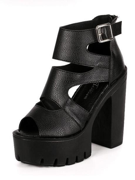 Shein Cutout Chunky Heel Buckle Ankle Black Sandals