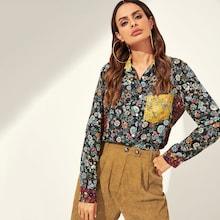 Shein Color Block Botanical Blouse