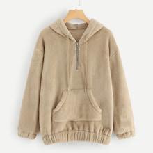 Shein Quarter Zip Pocket Front Teddy Hooded Sweatshirt
