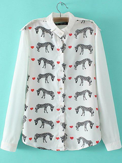 Shein White Long Sleeve Bottons Front Zebra Printed Blouse