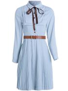 Shein Bowknot Neck Belted Pleated Dress