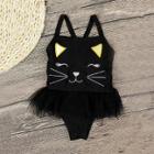 Shein Girls Cat Embroidered Mesh Panel Swimsuit