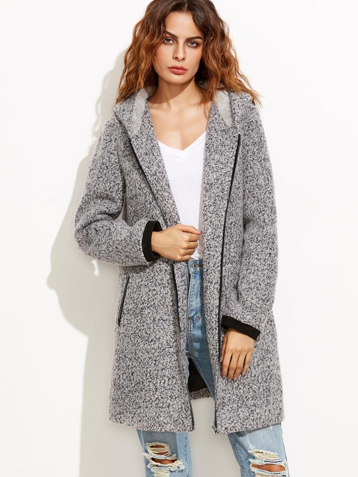 Shein Heather Grey Hooded Zip Front Fluffy Fleece Coat