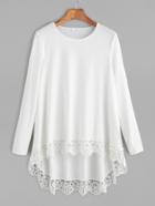 Shein White Contrast Lace Dip Hem T-shirt