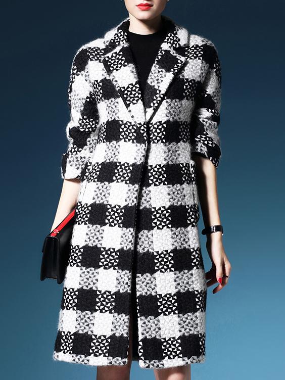 Shein Black Lapel Long Sleeve Plaid Pockets Coat