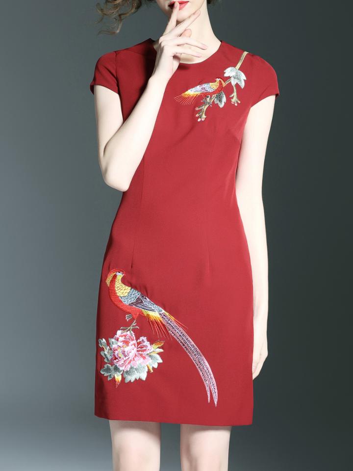 Shein Red Birds Flowers Embroidered Sheath Dress