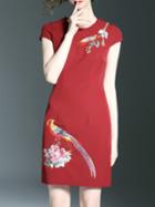 Shein Red Birds Flowers Embroidered Sheath Dress