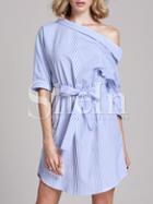 Shein Oblique Shoulder Bow Tie Waist Pinstripe Dress