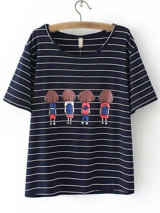 Shein Blue Stripe Short Sleeve Girls Printed T-shirt