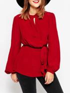 Shein Red Lantern Sleeve Backless Tie-waist Blouse