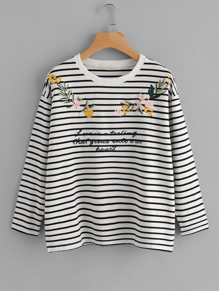 Shein Drop Shoulder Embroidered Striped Tee