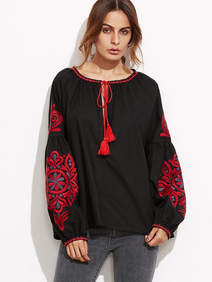 Shein Black Tassel Tie Neck Lantern Sleeve Embroidered Top