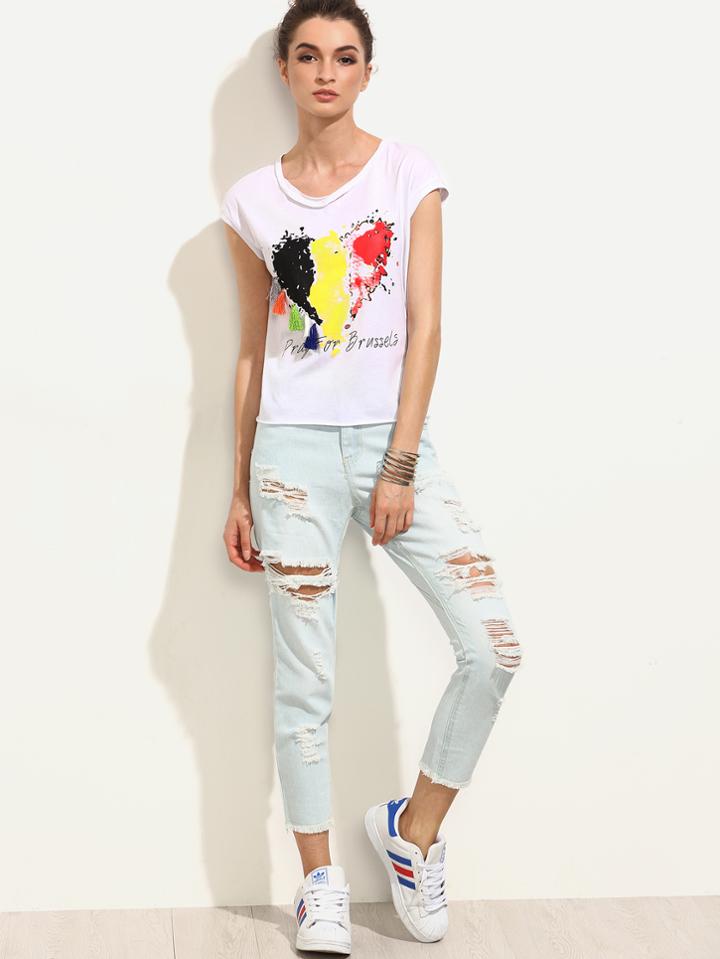 Shein Pale Blue Distressed Raw Hem Jeans