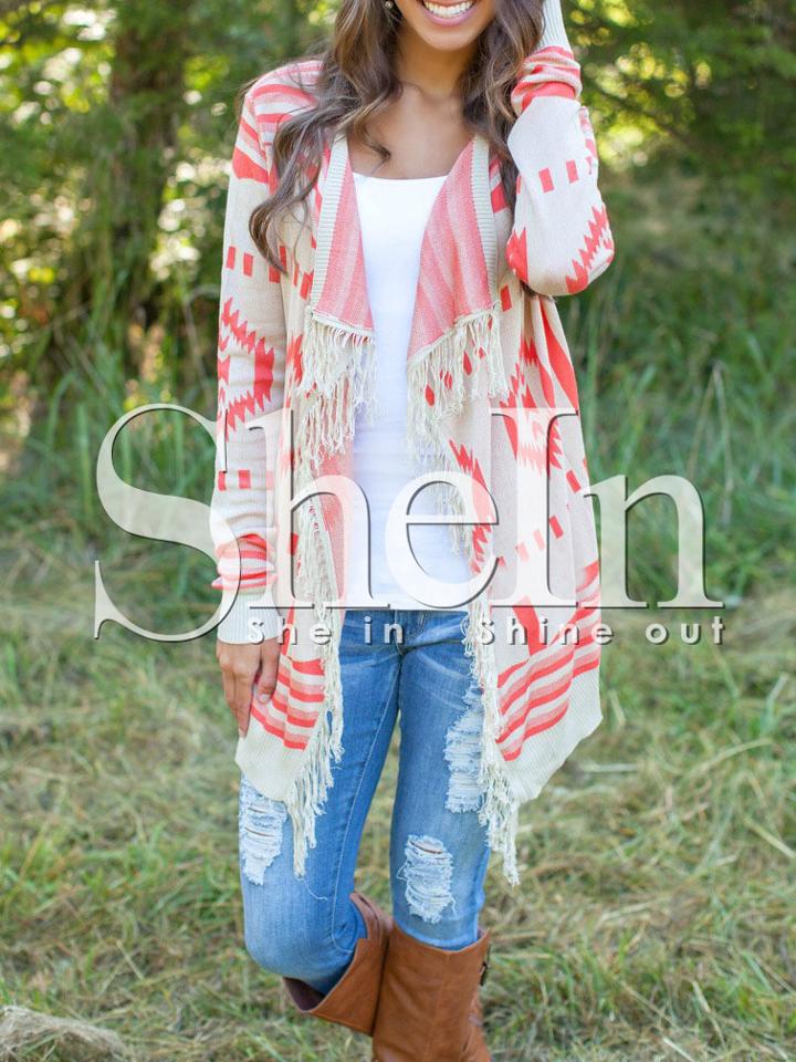 Shein White Long Sleeve Geometric Print Tassel Sweater