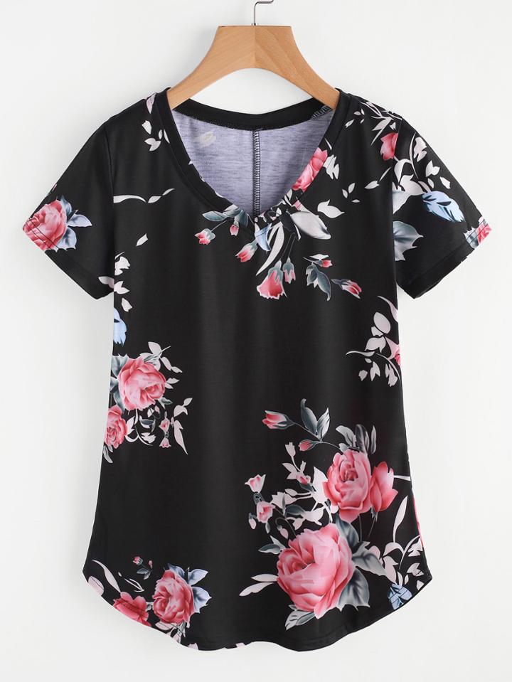 Shein V Neckline Random Florals Tee
