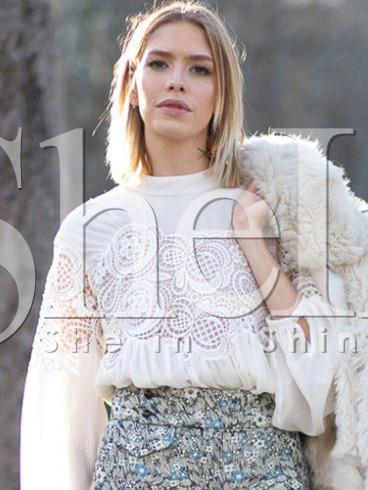 Shein White Crew Neck Lace Embroidered Blouse
