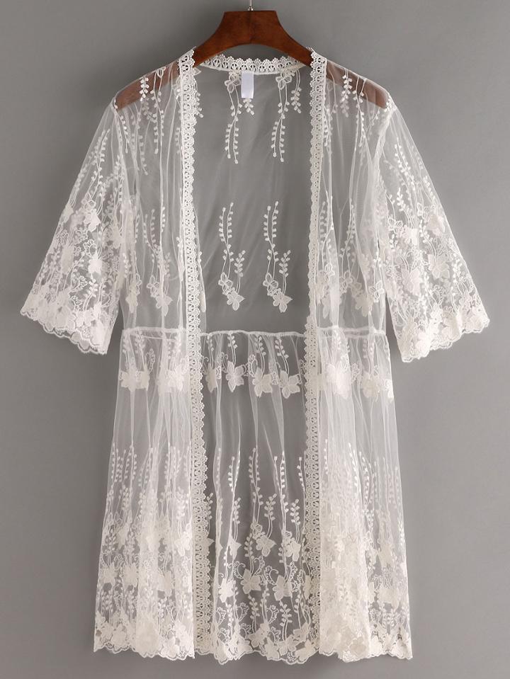 Shein Open-front Embroidered Mesh Blouse - White