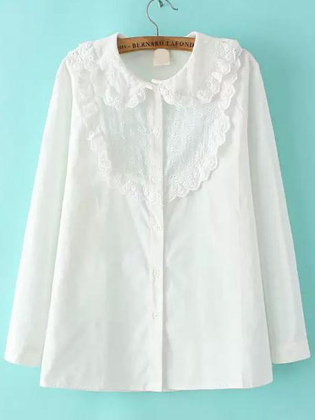 Shein White Lace Ruffle Long Sleeve Loose Blouse