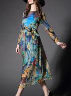 Shein Multicolor Round Neck Long Sleeve Tie-waist Print Dress