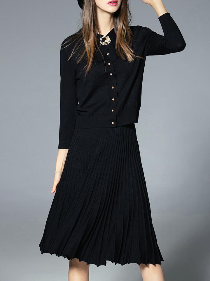 Shein Black Knit Top With Pleated Skirt