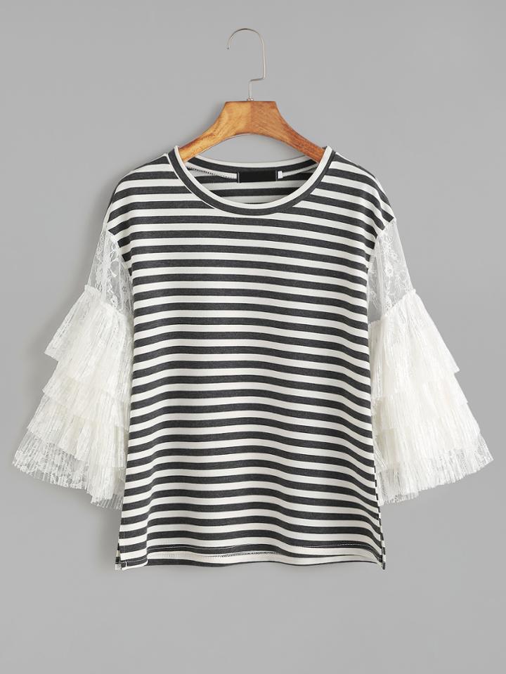 Shein Contrast Tiered Lace Sleeve Striped T-shirt