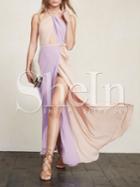 Shein Purple Porm Apricot Floating Valentines Girly Classy Best Halter Color Block Tying Maxi Dress Night Official Sexydresses