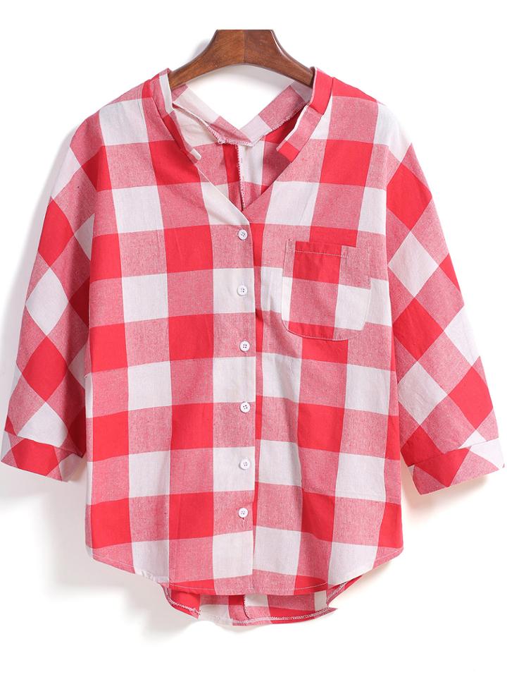Shein Red V Neck Checkerboard Plaid Pocket Loose Blouse