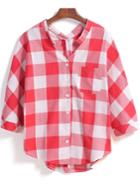 Shein Red V Neck Checkerboard Plaid Pocket Loose Blouse