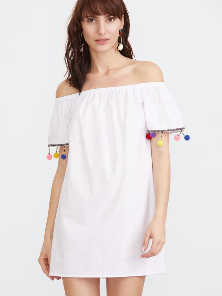 Shein Embroidered Tape Detail Pom Pom Dress