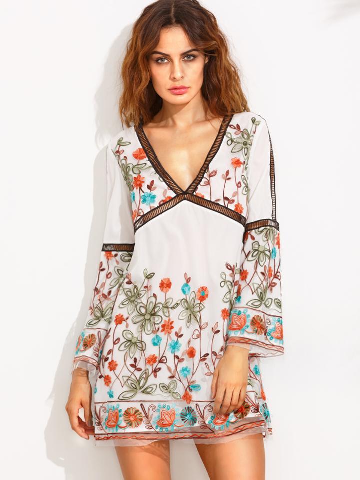 Shein Multicolor Bell Sleeve V Neck Embroidered Dress