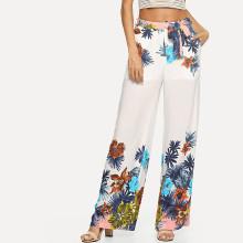 Shein Belted Waist Pocket Side Tropical Wide Leg Pants