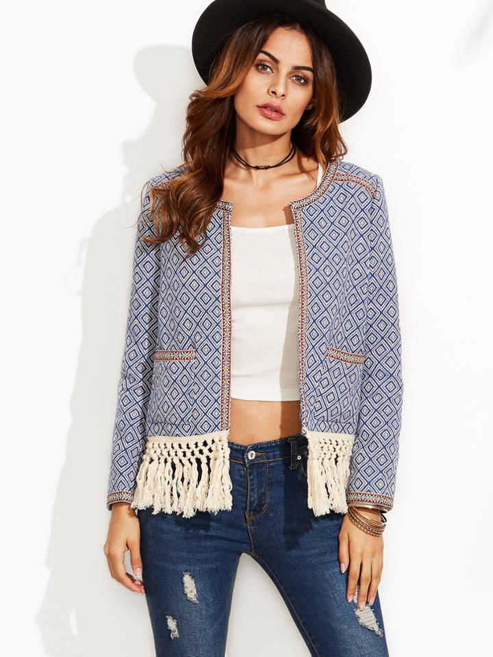 Shein Blue Contrast Macrame Fringe Trim Geo Jacquard Blazer