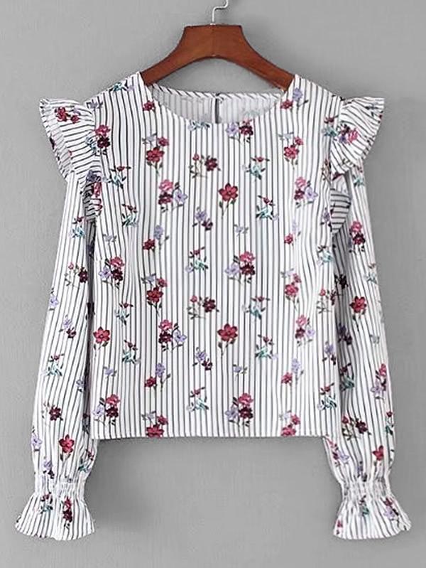 Shein Calico Print Ruffle Detail Striped Blouse