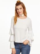 Shein White Fringe Trim Layered Ruffle Sleeve Top With Ring Choker