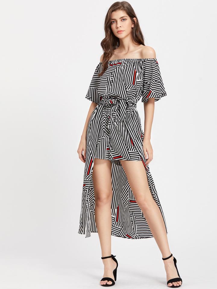 Shein Flutter Sleeve Self Tie Mixed Striped Maxi Romper