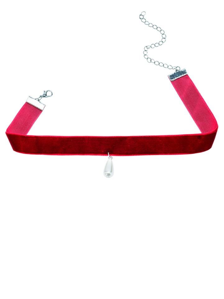 Shein Red Faux Teardrop Pearl Pendant Velvet Choker