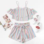 Shein Open Shoulder Pinstripe Crop Top & Shorts Set