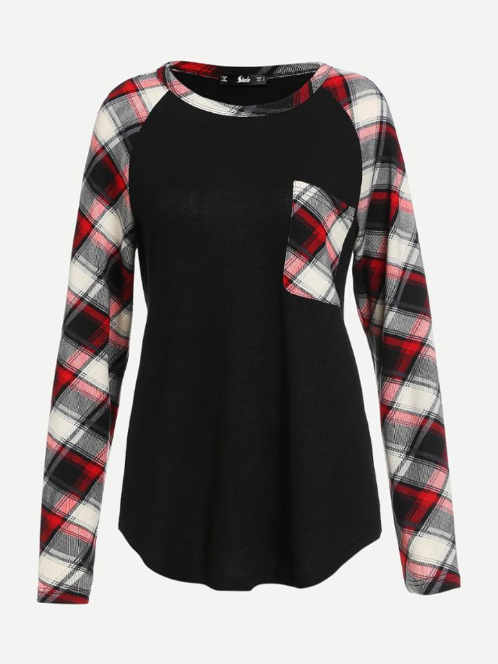 Shein Checked Raglan Sleeve And Pocket Tee