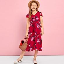 Shein Girls Tassel Tied Button Up Dress