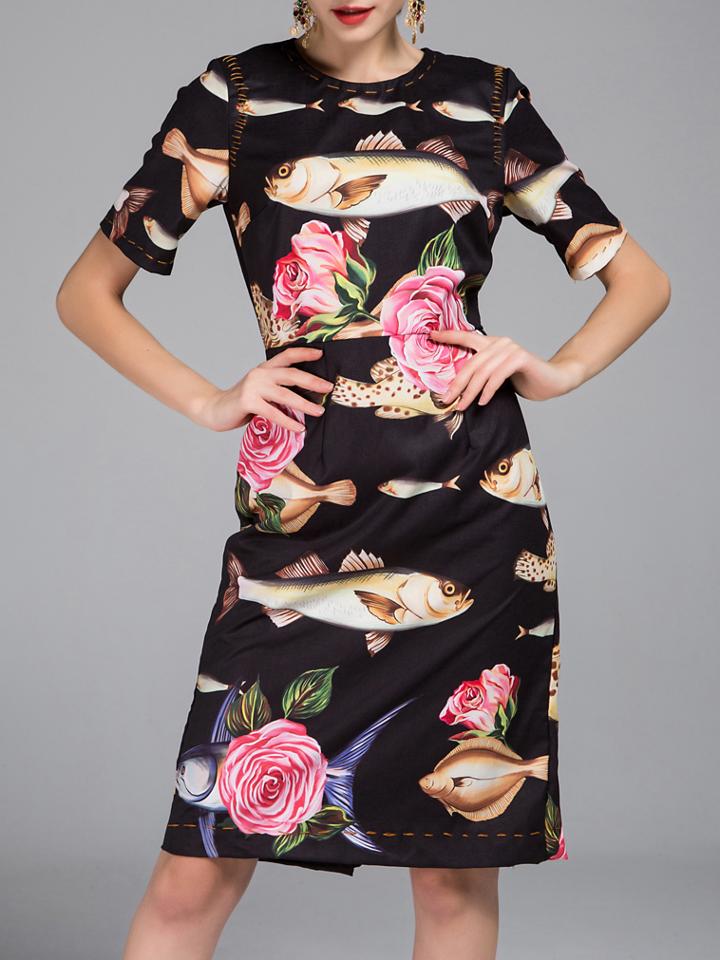 Shein Black Fishes Rose Print Sheath Dress