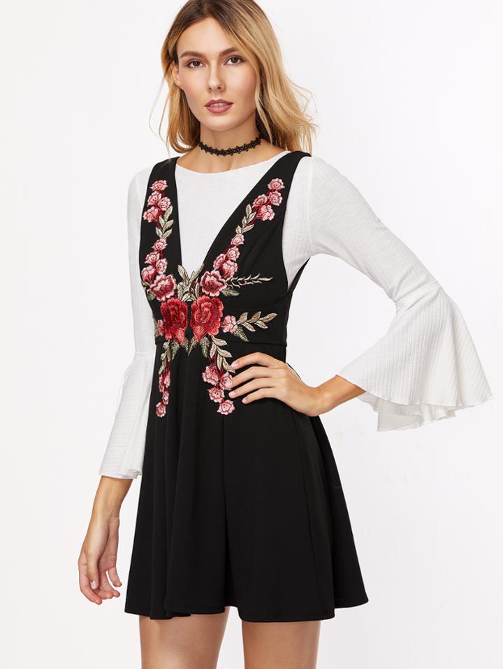Shein Black Flower Embroidered Double V Neck Sleeveless Skater Dress