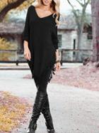 Shein Black V-neck Tassel Pullover Sweater