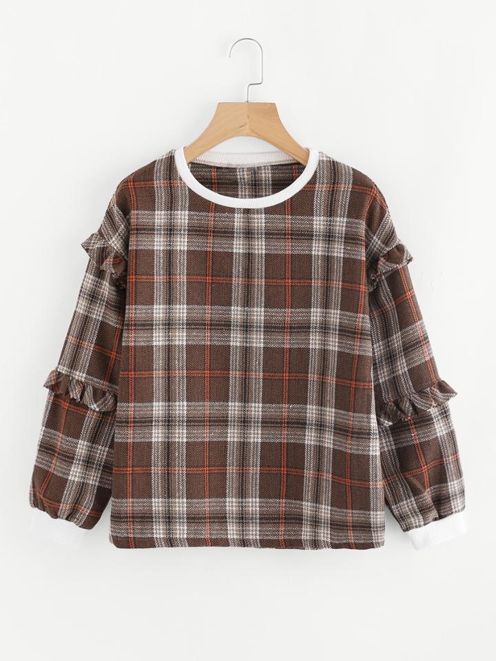 Shein Contrast Ribbed Trim Tartan Plaid Pullover