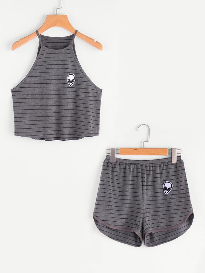 Shein Alien Patch Ladder Strap Side Cami And Shorts Pajama Set