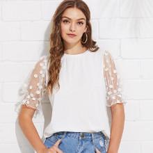 Shein Polka Dot Mesh Flounce Sleeve Tee